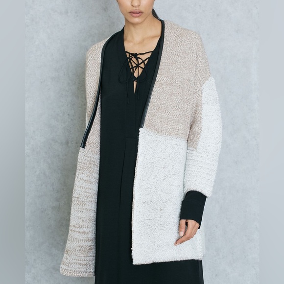 Mango Sweaters - Mango long colorblock oatmeal cardigan with trim